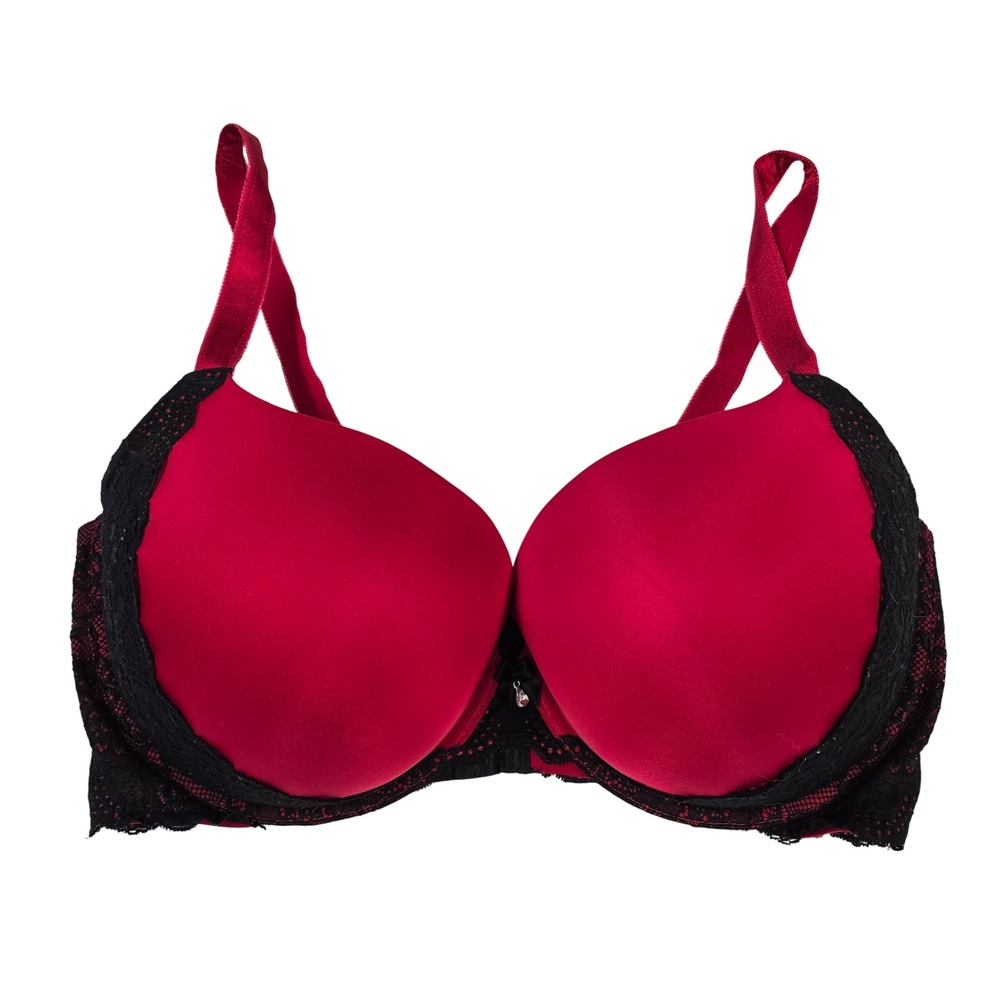 Torrid Red Black Lace Push Up Plunge Bra 42F Underwire Crystal Charm Padded